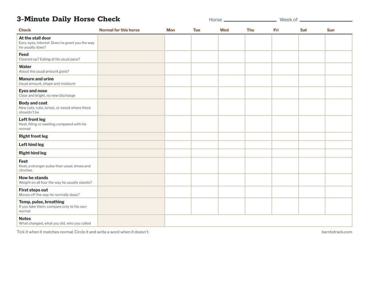 The weekly check sheet: rows for the stall door, feed, water, manure, eyes and nose, body, each leg, feet, stance, first steps and vital signs, with a column for the horse's normal and one for each day
